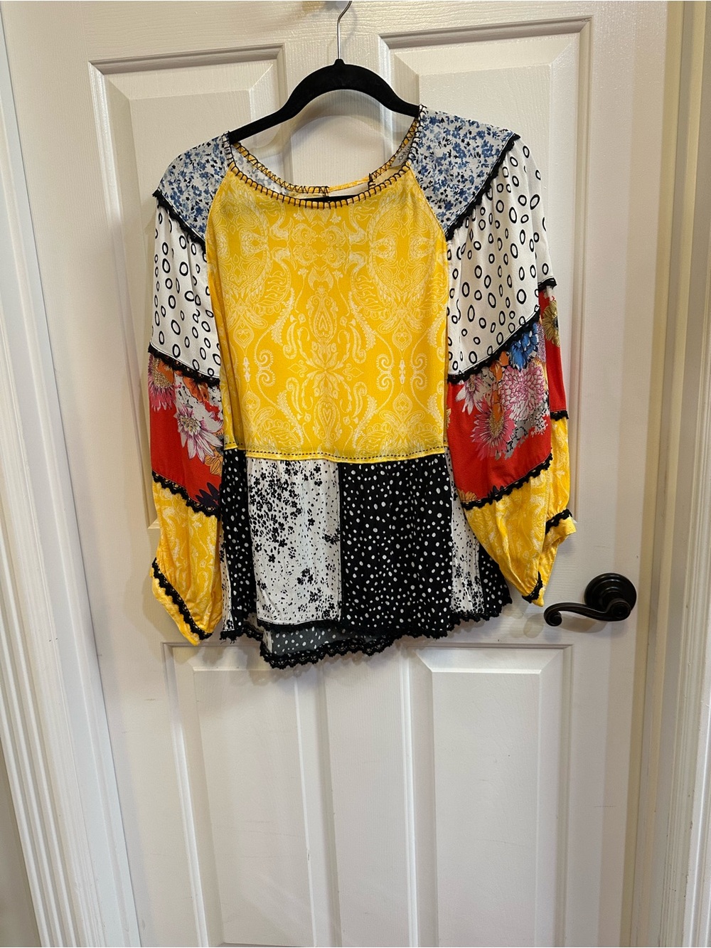 John Mark Boho Patchwork Yellow Multi-Print Women's Blouse